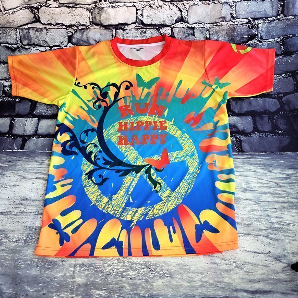 Beyond Limits mens " Run Hippie Happy" vivid colorful running shirt